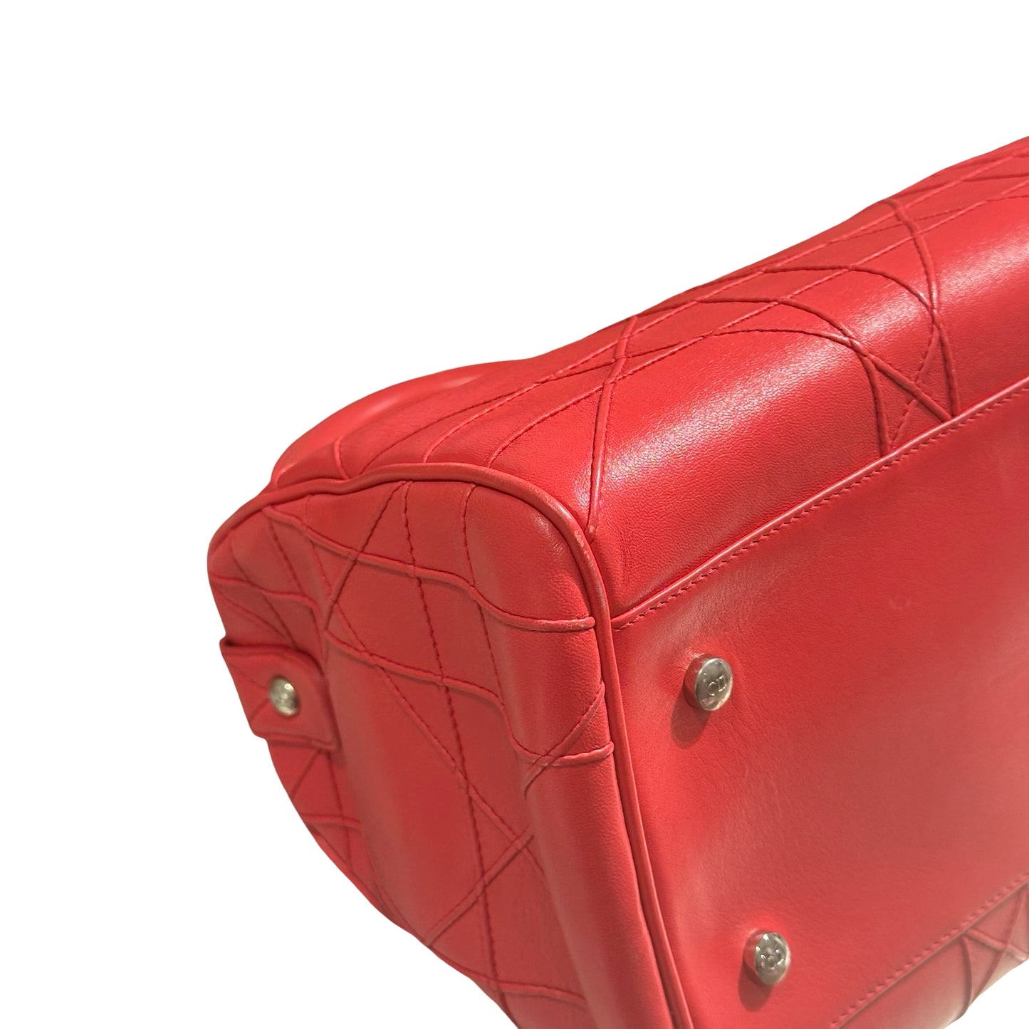 Used DIOR Lambskin Leather Cannage Granville Boston Two Way Shoulder Bag Red GHW