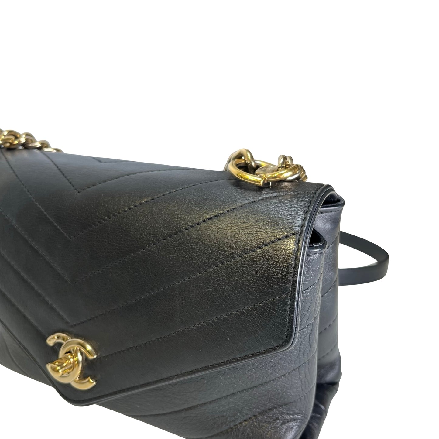 Used CHANEL Calf skin Chevron Top Handle Bag Shoulder Bag Black GHW