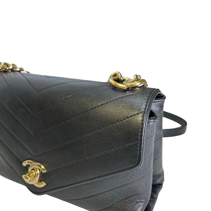 Used CHANEL Calf skin Chevron Top Handle Bag Shoulder Bag Black GHW