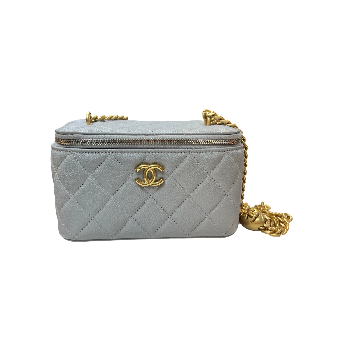 Used Chanel Vanity Case With heart adjustable chain grey GHW