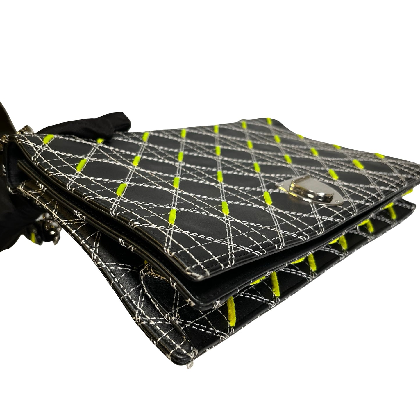 Used DIOR Cannage Leather Diorama Chain Shoulder Bag Black Yellow White PHW