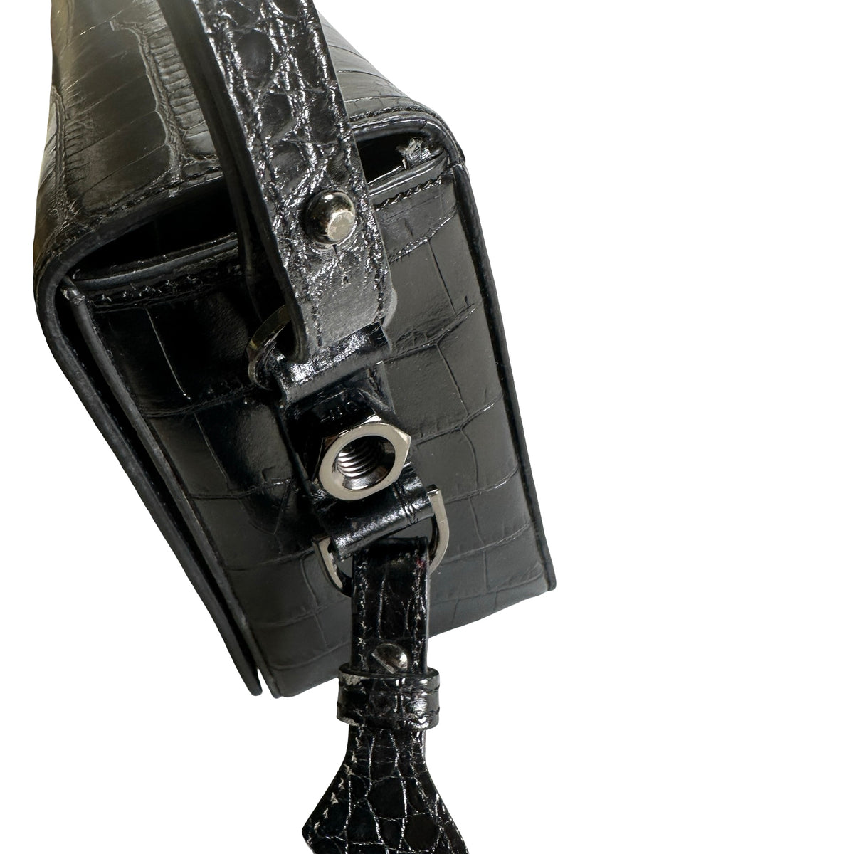 Used OFF-WHITE Crocodile Embossed Binder Clip Crossbody Bag Black PHW