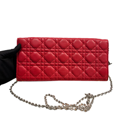 Used DIOR Cannage Lambskin Lady Dior Wallet on chain Red PHW