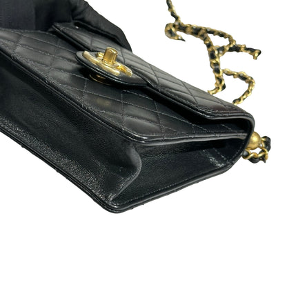Used CHANEL Lambskin Leather Flap with Pearls Chain Shoulder Bag Black GHW