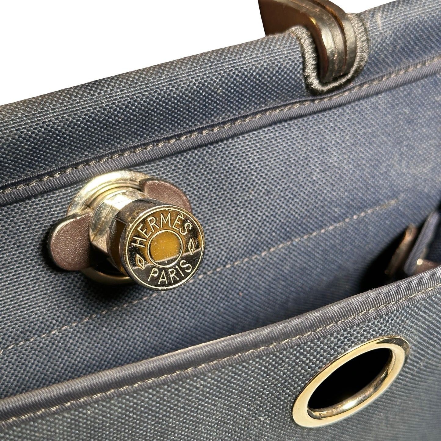 Used HERMES Toile Hunter Herbag Zip Handbag Navy Blue Brown