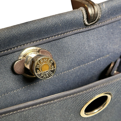 Used HERMES Toile Hunter Herbag Zip Handbag Navy Blue Brown