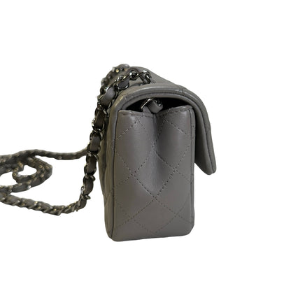 Used CHANEL Quilted Lambskin Mini Rectangular Flap Bag Shoulder Bag Grey Silver Hardware