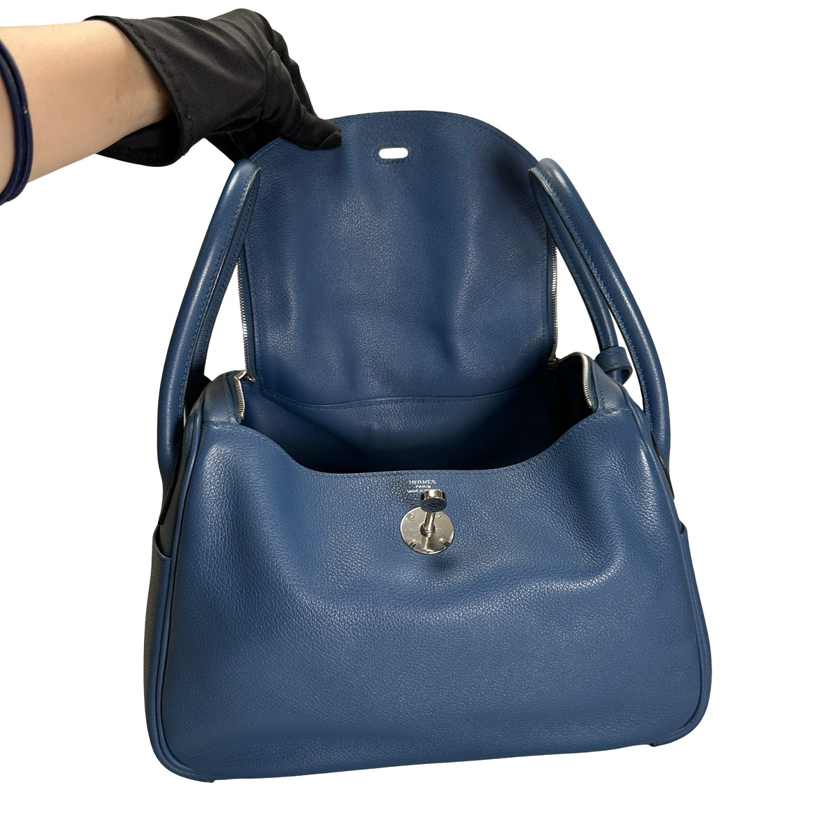 Used HERMES Leather Lindy 26 Handbag Blue PHW