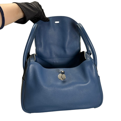 Used HERMES Leather Lindy 26 Handbag Blue PHW