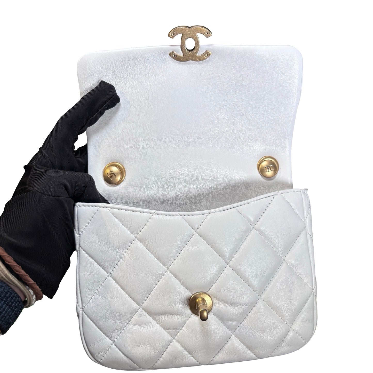 Used CHANEL Calfskin Leather Flap Cross Body Bag White GHW