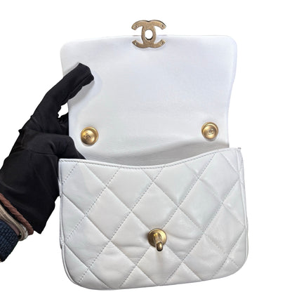 Used CHANEL Calfskin Leather Flap Cross Body Bag White GHW