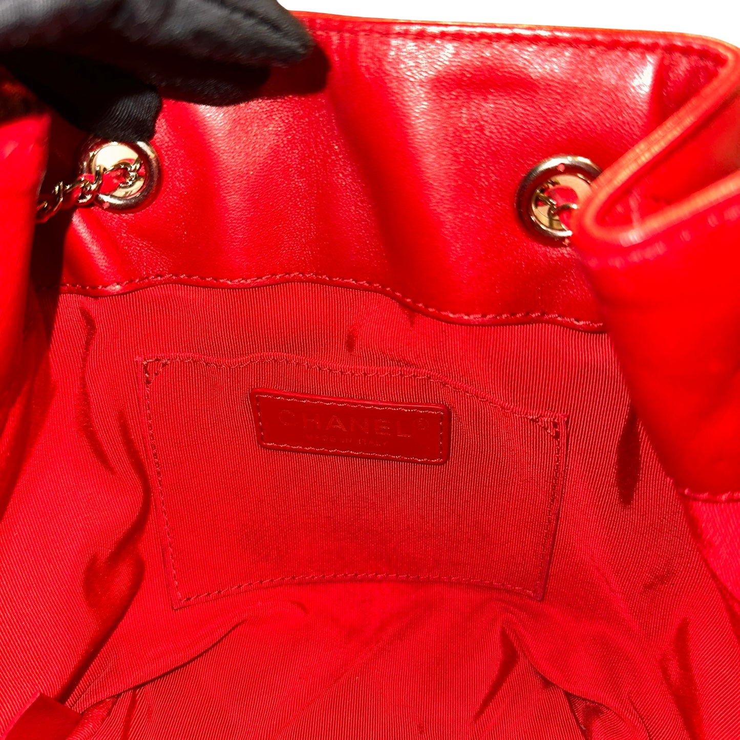 Used CHANEL Lambskin Leather MINI DRAWSTRING BUCKET Cross Body Bag Red