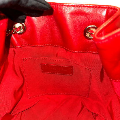 Used CHANEL Lambskin Leather MINI DRAWSTRING BUCKET Cross Body Bag Red