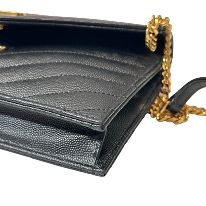 Used SAINT LAURENT Calfskin Leather ENVELOPE WOC Cross Body Bag Black GHW