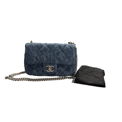 Used CHANEL Denim 23P CAMELIA HEART CRUSH FLAP Cross Body Bag Denim Blue