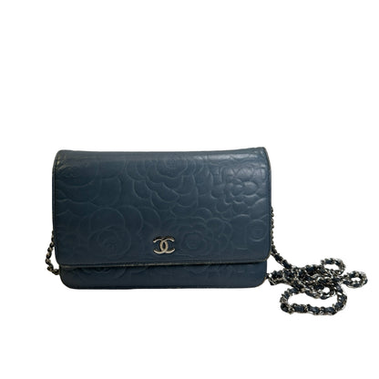 Used CHANEL Camellia Leather Wallet on chain Wallet on chain Navy