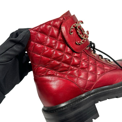 Used CHANEL Calfskin Leather Lace Up Combat Boots Shoes Red Black GHW