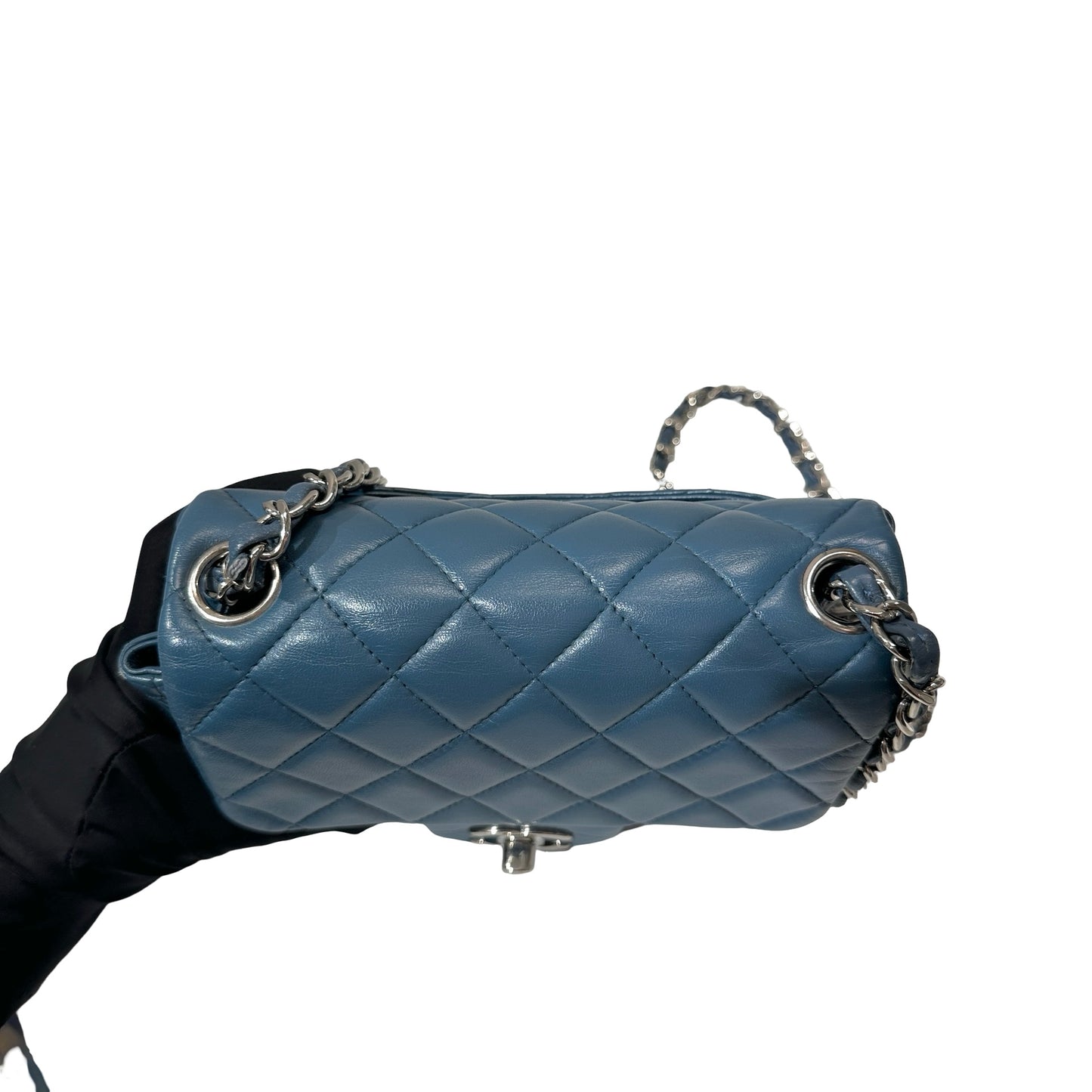 Used CHANEL Calfskin Leather Flap mini 17cm Cross Body Bag Blue PHW
