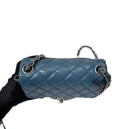 Used CHANEL Calfskin Leather Flap mini 17cm Cross Body Bag Blue PHW