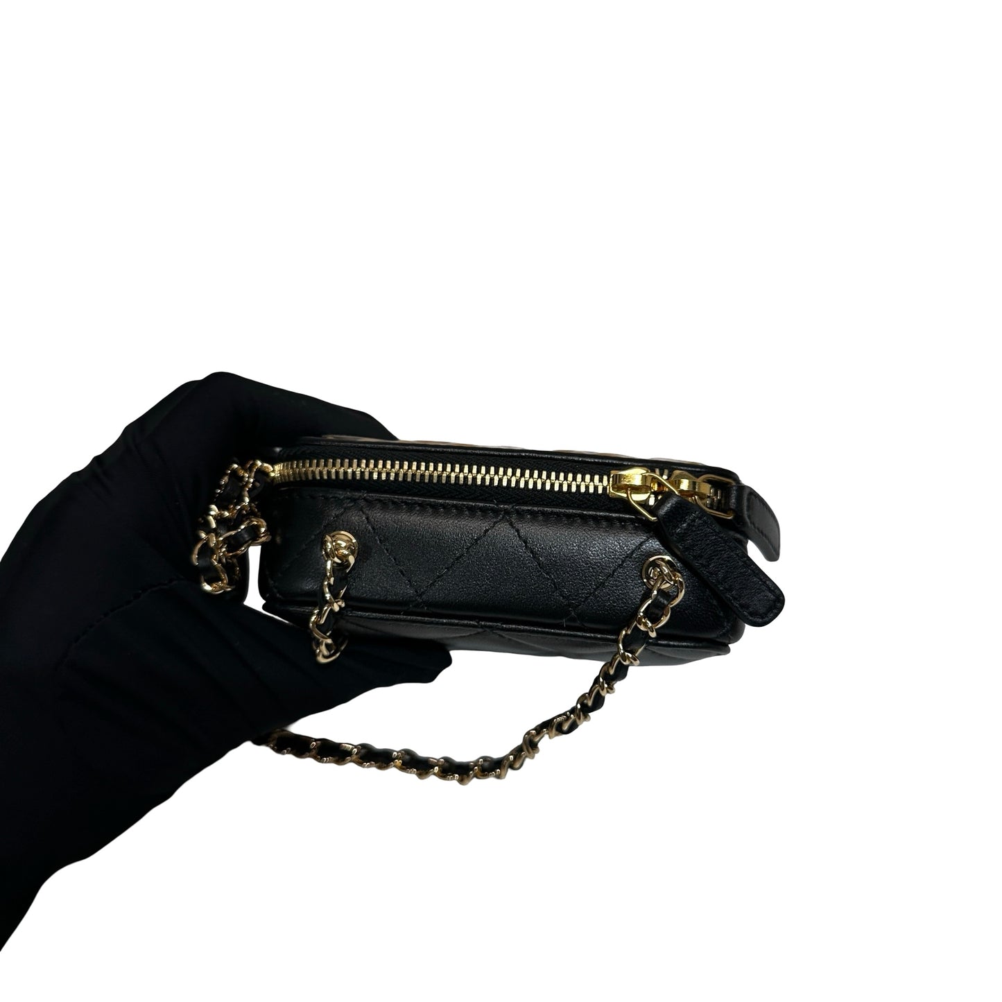 New CHANEL Lambskin Leather Vanity Case Shoulder Bag Gold Black GHW