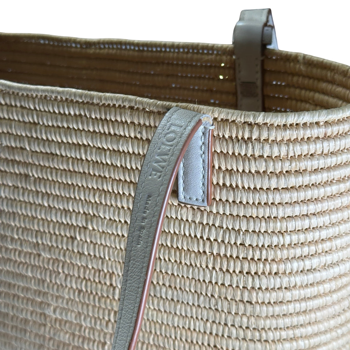 Used LOEWE Raffia Calfskin Square Basket Basket Bag Natural White