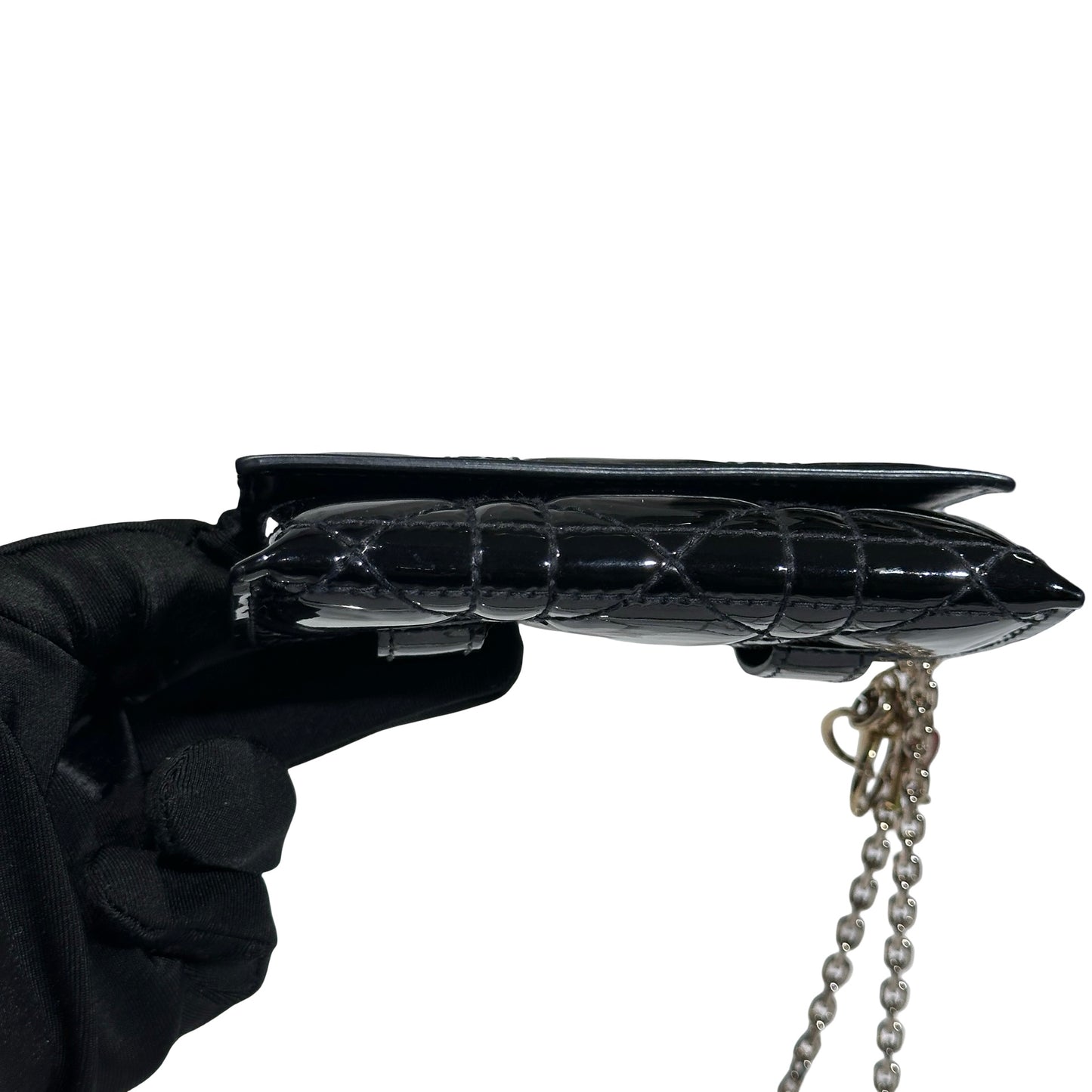 Used DIOR Cannage Patent Leather LADY DIOR NANO POUCH with CHAIN Chain Shoulder Bag Black GHW