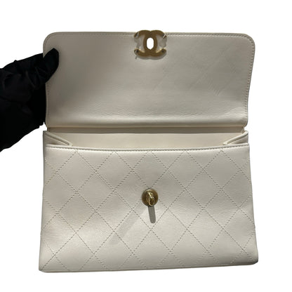 Used CHANEL Quilted Smooth Leather Small Coco Luxe Flap Bag Handbag White Gold