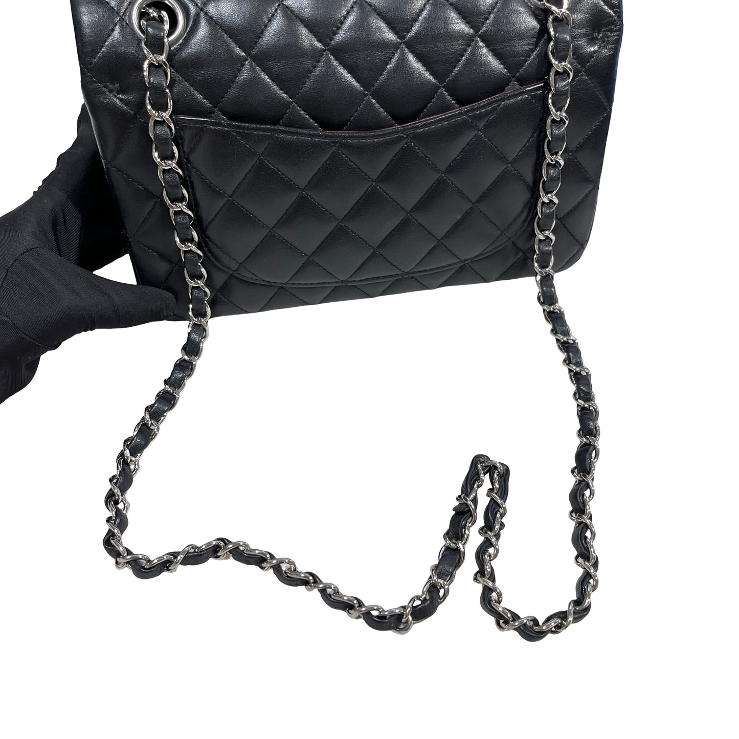 Used CHANEL Quilted Lambskin Classic Flap Chain shoulder bag Black Silver hardware