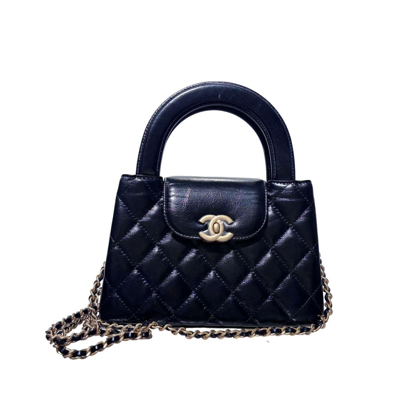 Used CHANEL Calfskin Leather Shiny Aged Calfskin Quilted Kelly Cross Body Bag Black GHW