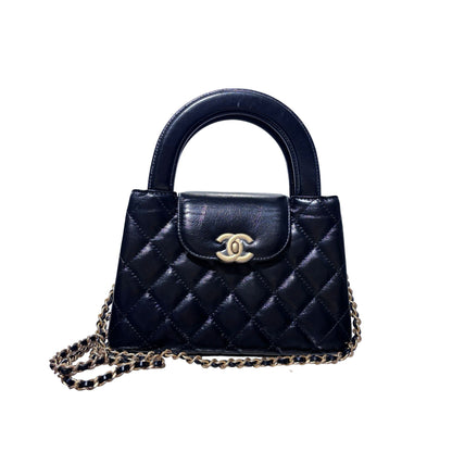 Used CHANEL Calfskin Leather Shiny Aged Calfskin Quilted Kelly Cross Body Bag Black GHW