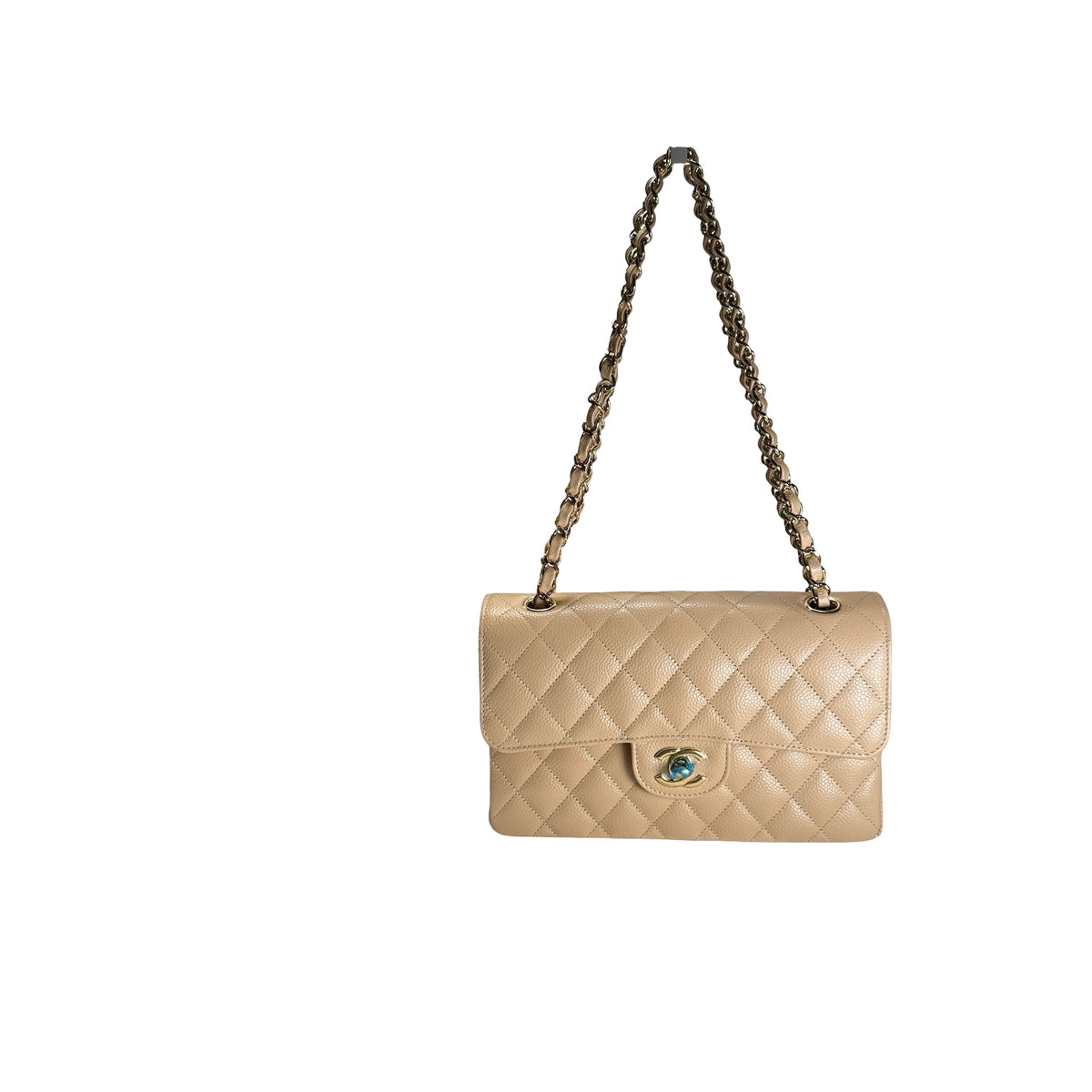 Brand New CHANEL Quilted Caviar Classic Flap Chain Shoulder Bag Beige Gold