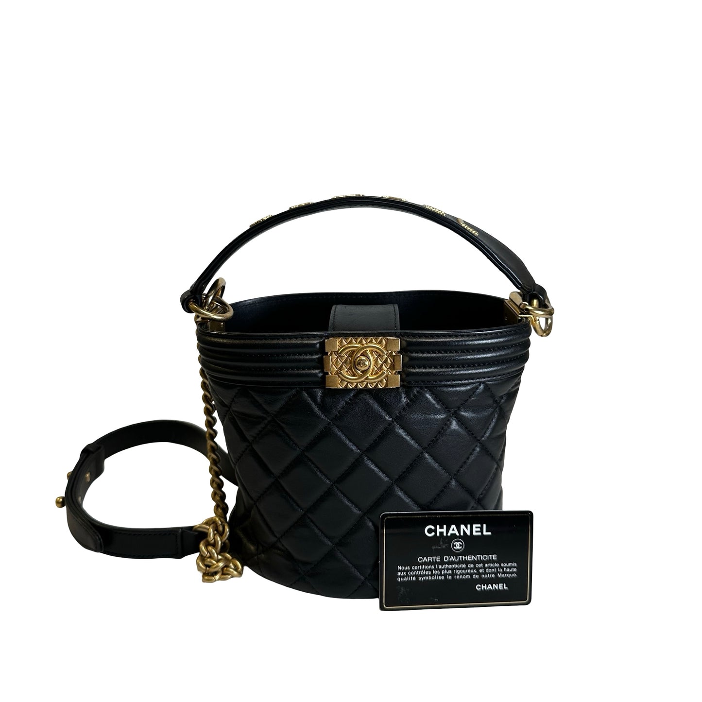Used CHANEL Quilted Leather Boy Chanel Bucket Bag Bucket Bag Black，GHW