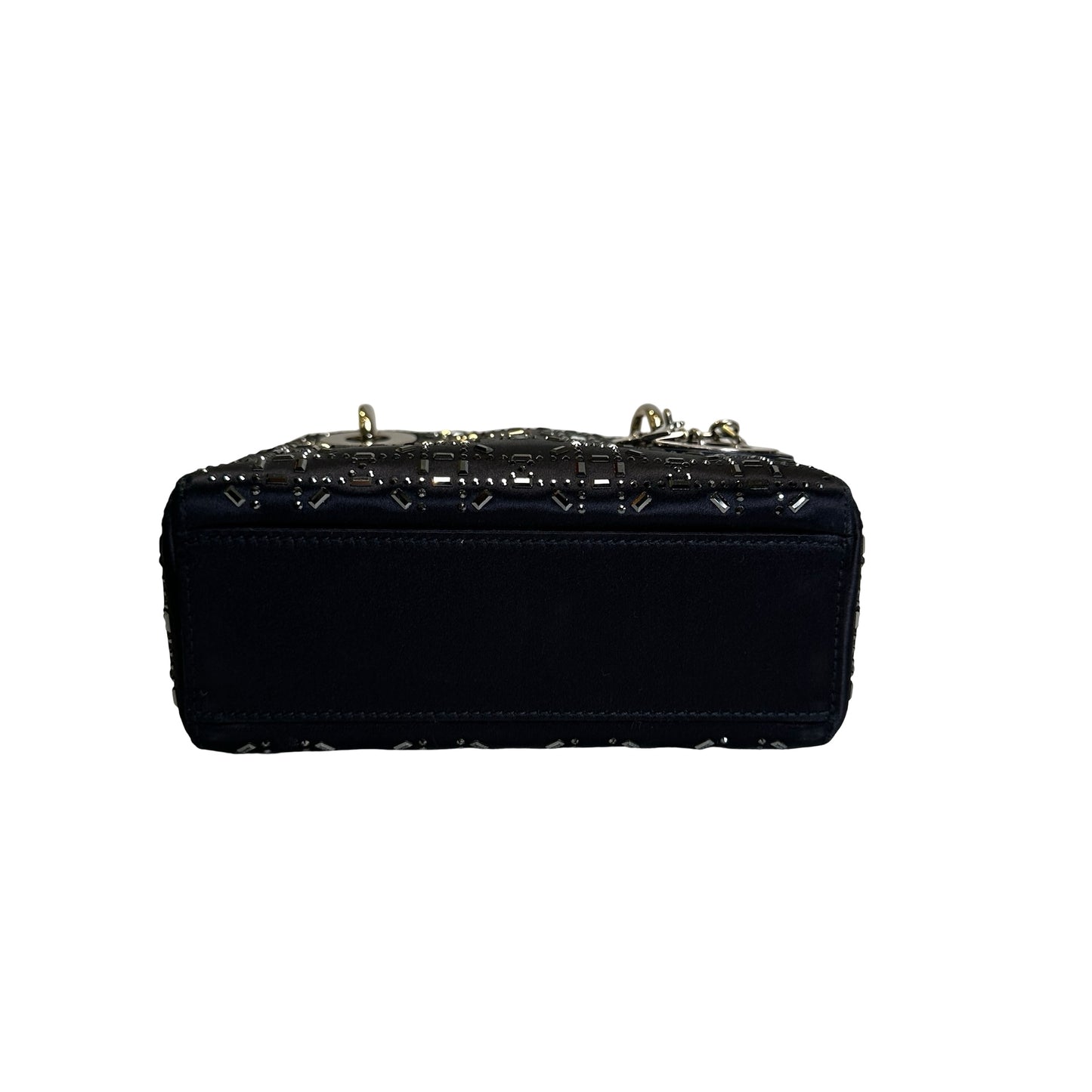 Used DIOR Cannage Rhinestone Lady Dior Handbag Black Silver