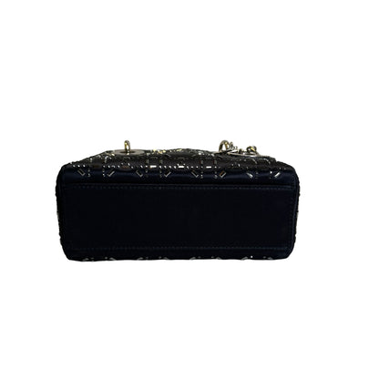 Used DIOR Cannage Rhinestone Lady Dior Handbag Black Silver