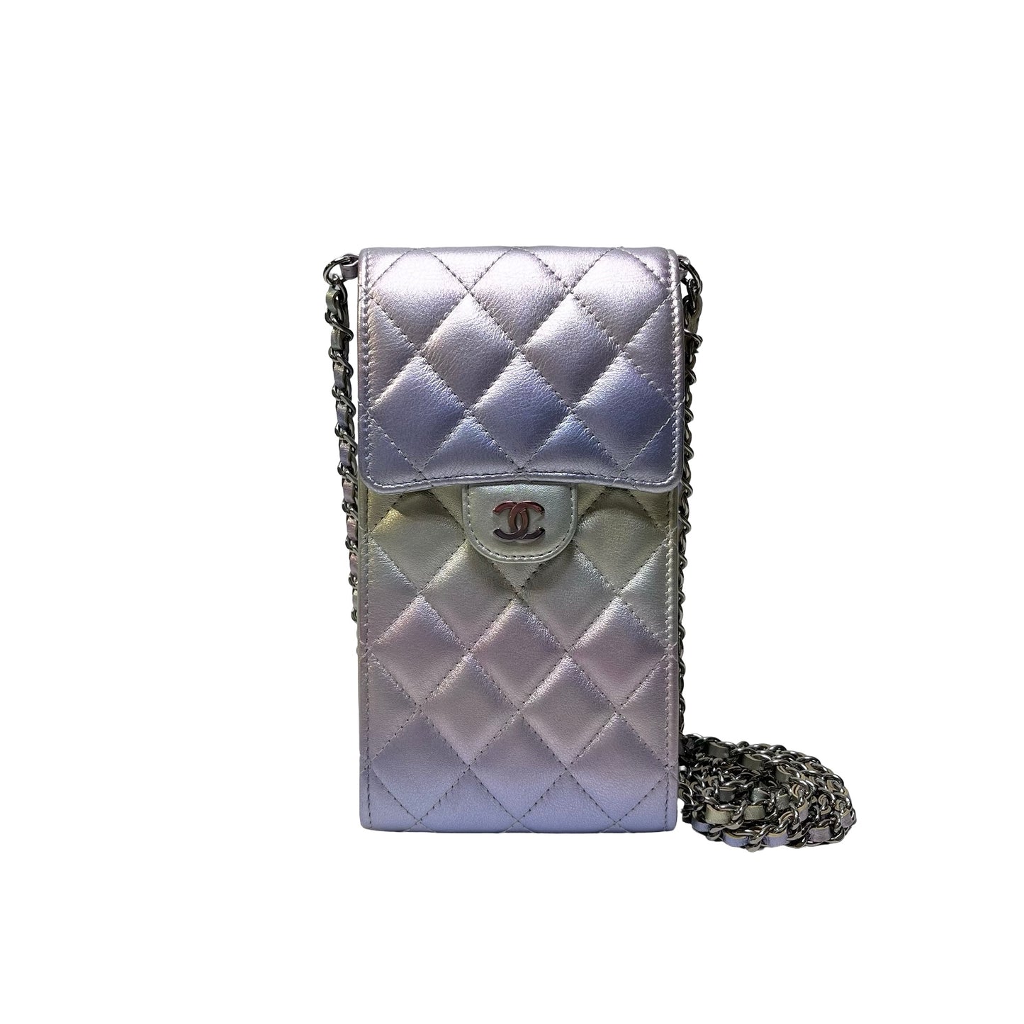 Used CHANEL Quilted Metallic Quilted Phone Bag Phone Bag Ombre Silver Gold Purple