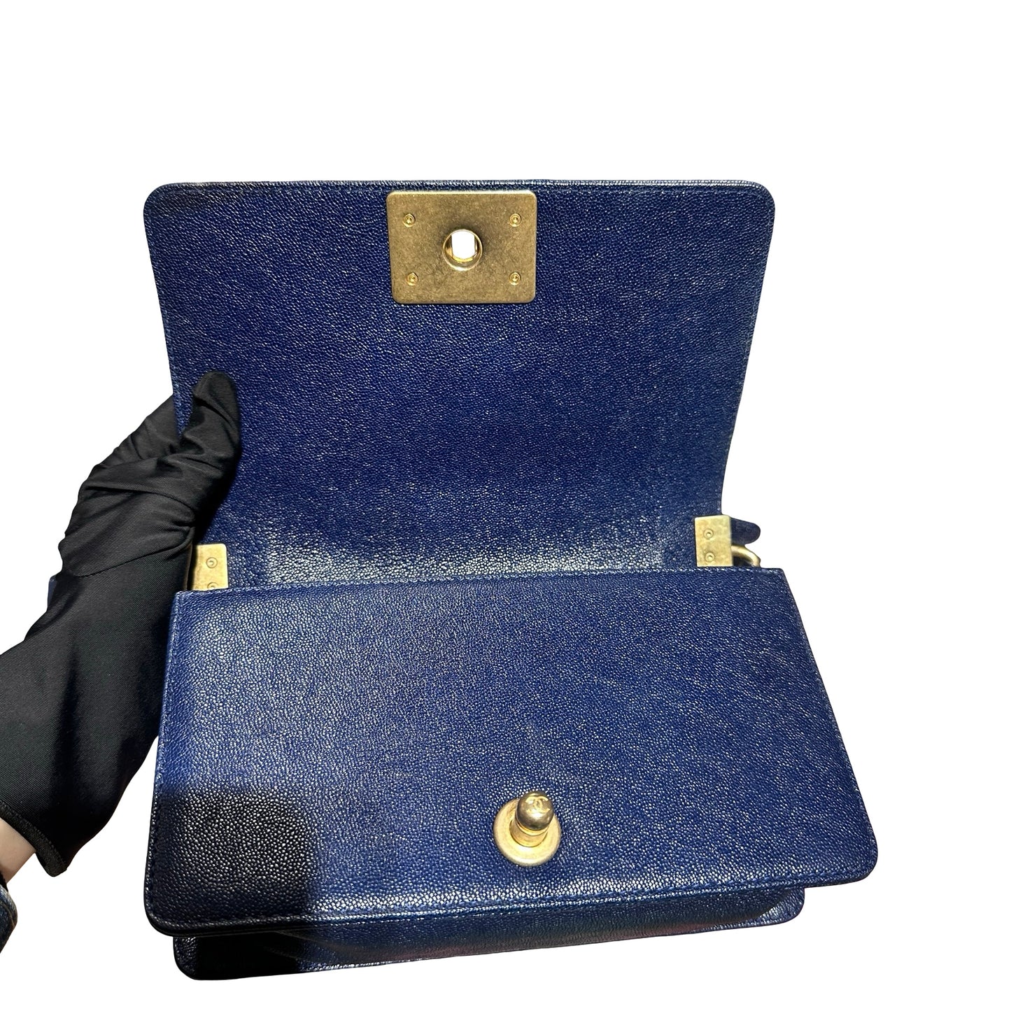 Used Chanel Calfskin Leather Boy 20cm Shoulder Bag Navy GHW