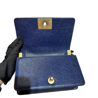 Used Chanel Calfskin Leather Boy 20cm Shoulder Bag Navy GHW