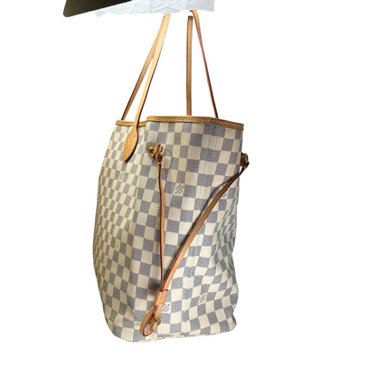 Used LOUIS VUITTON Damier Azur Canvas Neverfull Tote Bag White Blue Beige