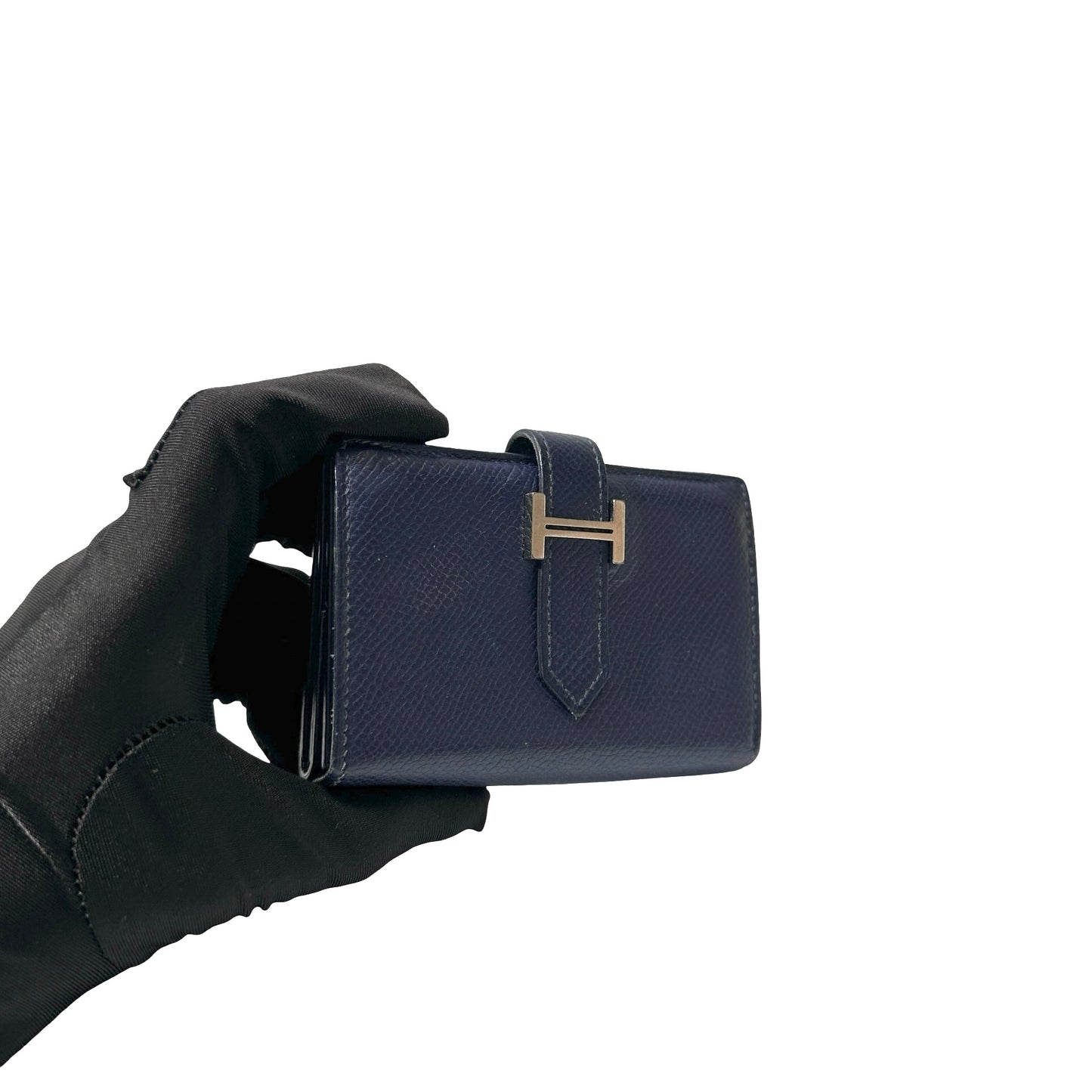 Used HERMÈS Calfskin Leather Bearn Wallet Navy Blue PHW