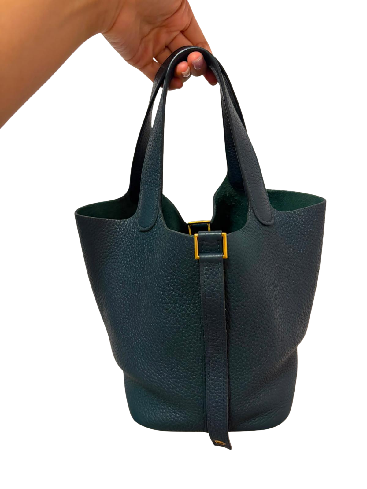 Used HERMES Clemence Leather Picotin 18 Bucket Bag Blue Nuit