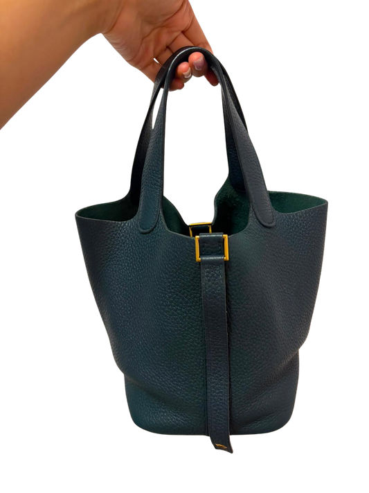 Used HERMES Clemence Leather Picotin 18 Bucket Bag Blue Nuit