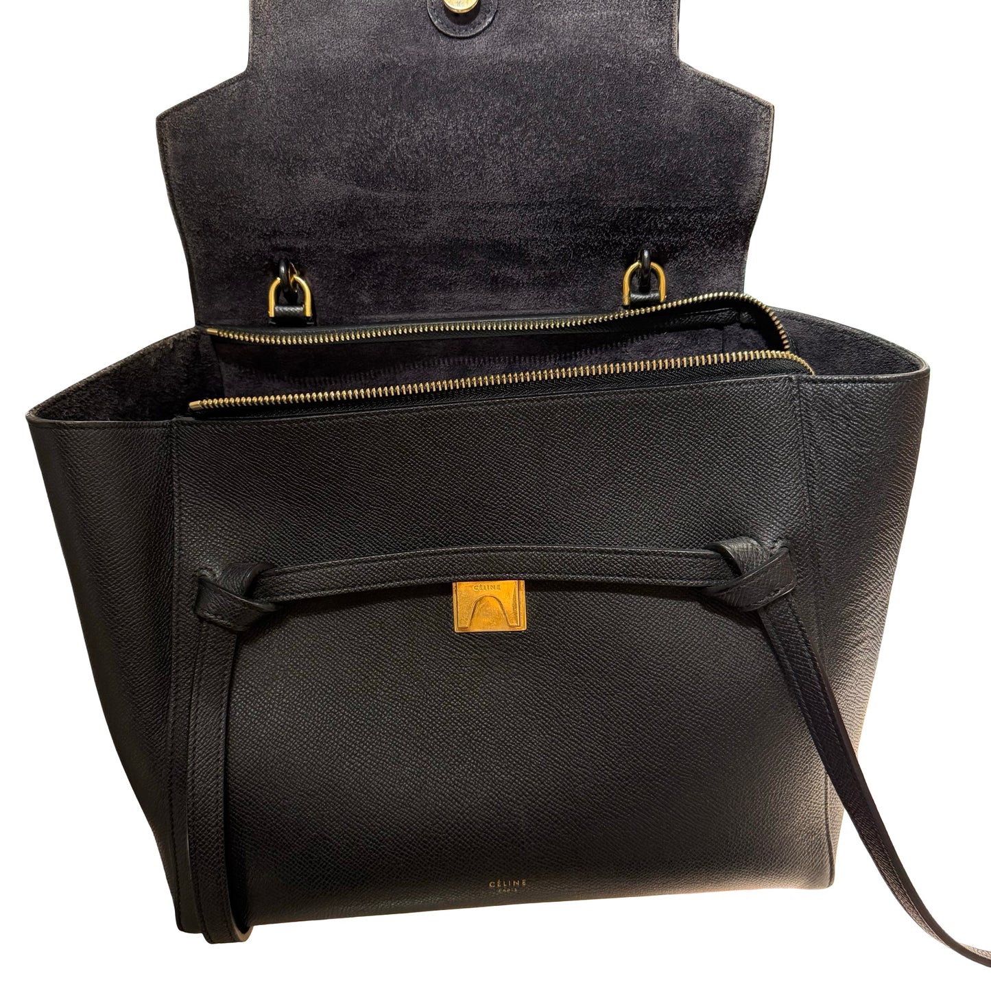 Used CÉLINE Calfskin Leather Belt Cross Body Bag Black GHW