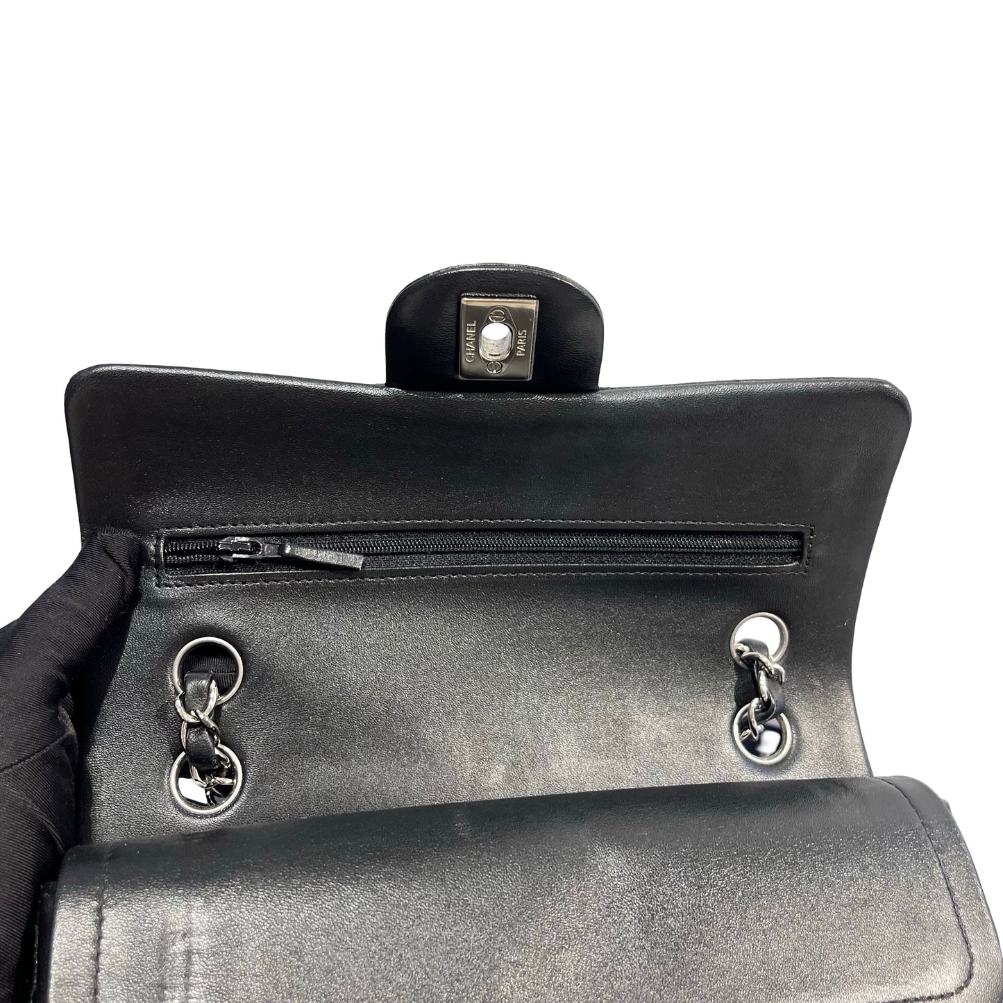 Used CHANEL Quilted Lambskin Classic Flap Chain shoulder bag Black Silver hardware
