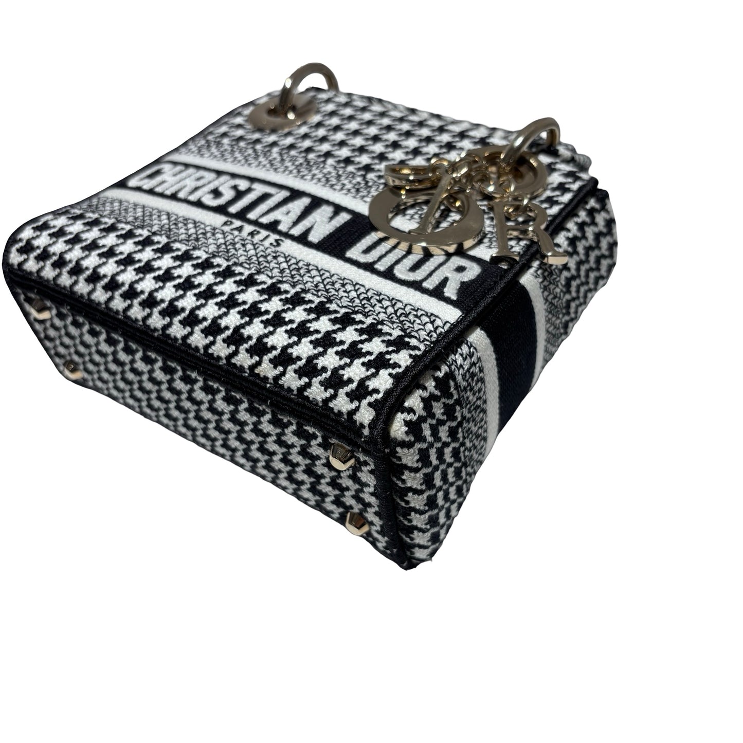 Used DIOR Canvas Mini Lady D-Lite Handbag Black White GHW