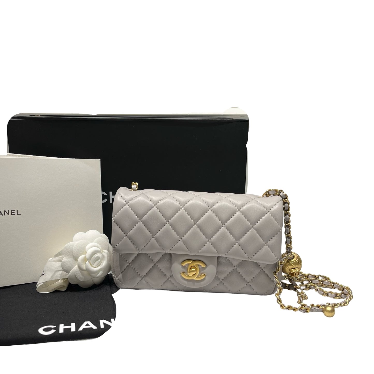 Unused CHANEL Lambskin Leather Mini Flap with Gold Ball Cross Body Bag Grey GHW