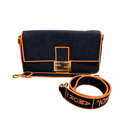 Used FENDI Denim BAEEGUETTE LARGE Shoulder Bag Navy Blue Orange