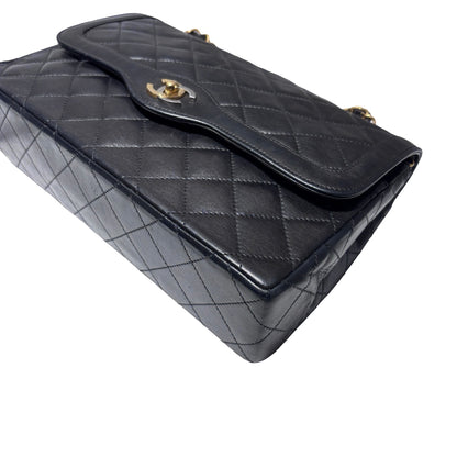 Used CHANEL Lambskin Leather Vintage Paris Double Flap Medium Chain Shoulder Bag Black GHW