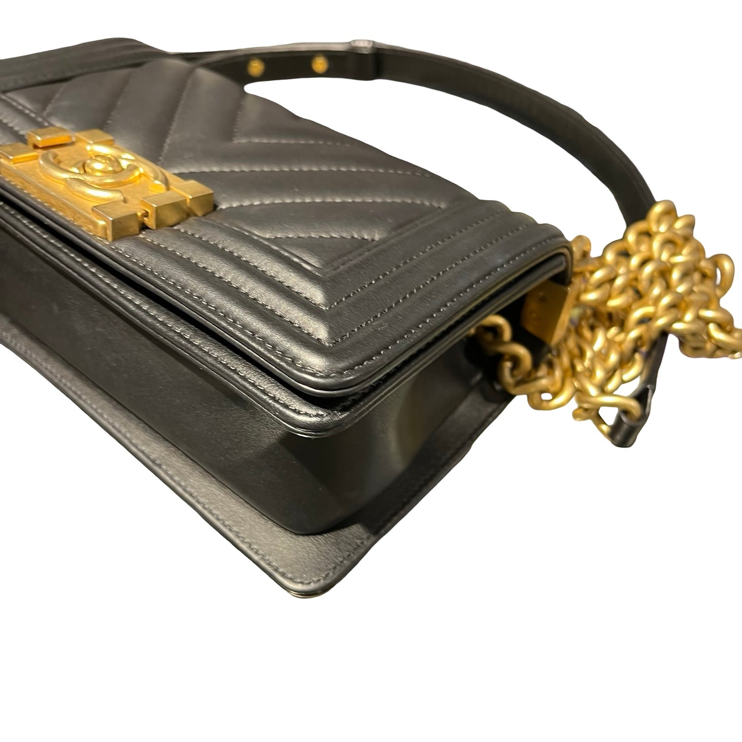 Used Chanel Lambskin Leather Boy 20 V line Shoulder Bag Black GHW