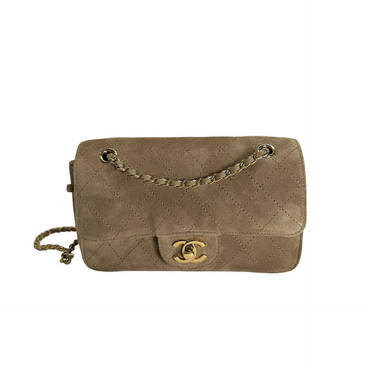 Brand New CHANEL Suede Classic Flap Shoulder Bag Beige GHW