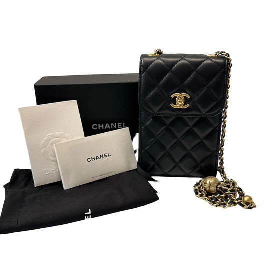Used Chanel Lambskin Leather Phone with gold ball Cross Body Bag Black GHW